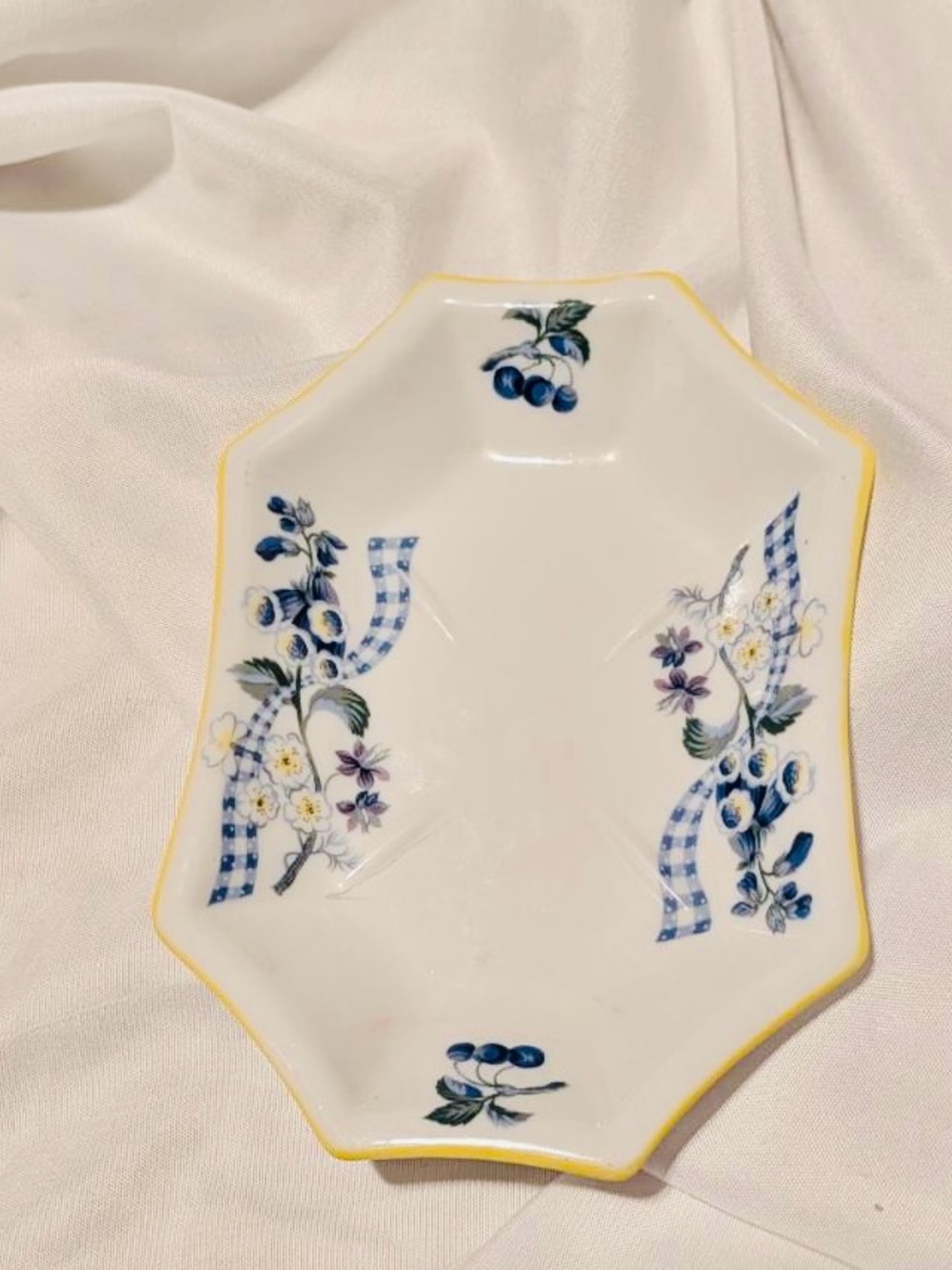 Sheridan Blue Floral Ceramic Candy  Tray with Yellow Trim